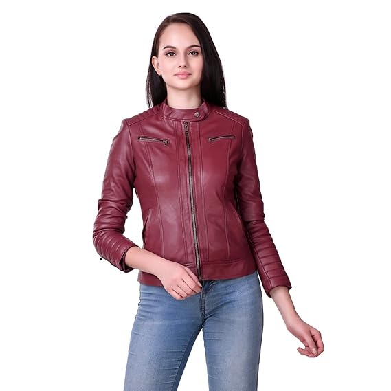 Leather Retail Cherry colour Full Sleeve Solid Jacket for Woman