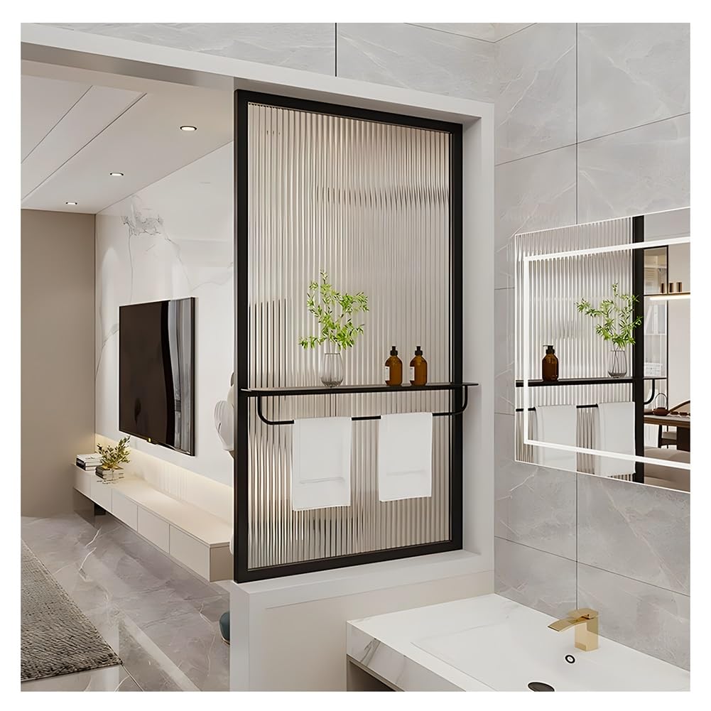 Paravent de séparation autonome avec étagères et porte-serviettes Noir élégant Paravent en verre pour chambre à coucher, salle de bain et toilettes 60 x 80 cm