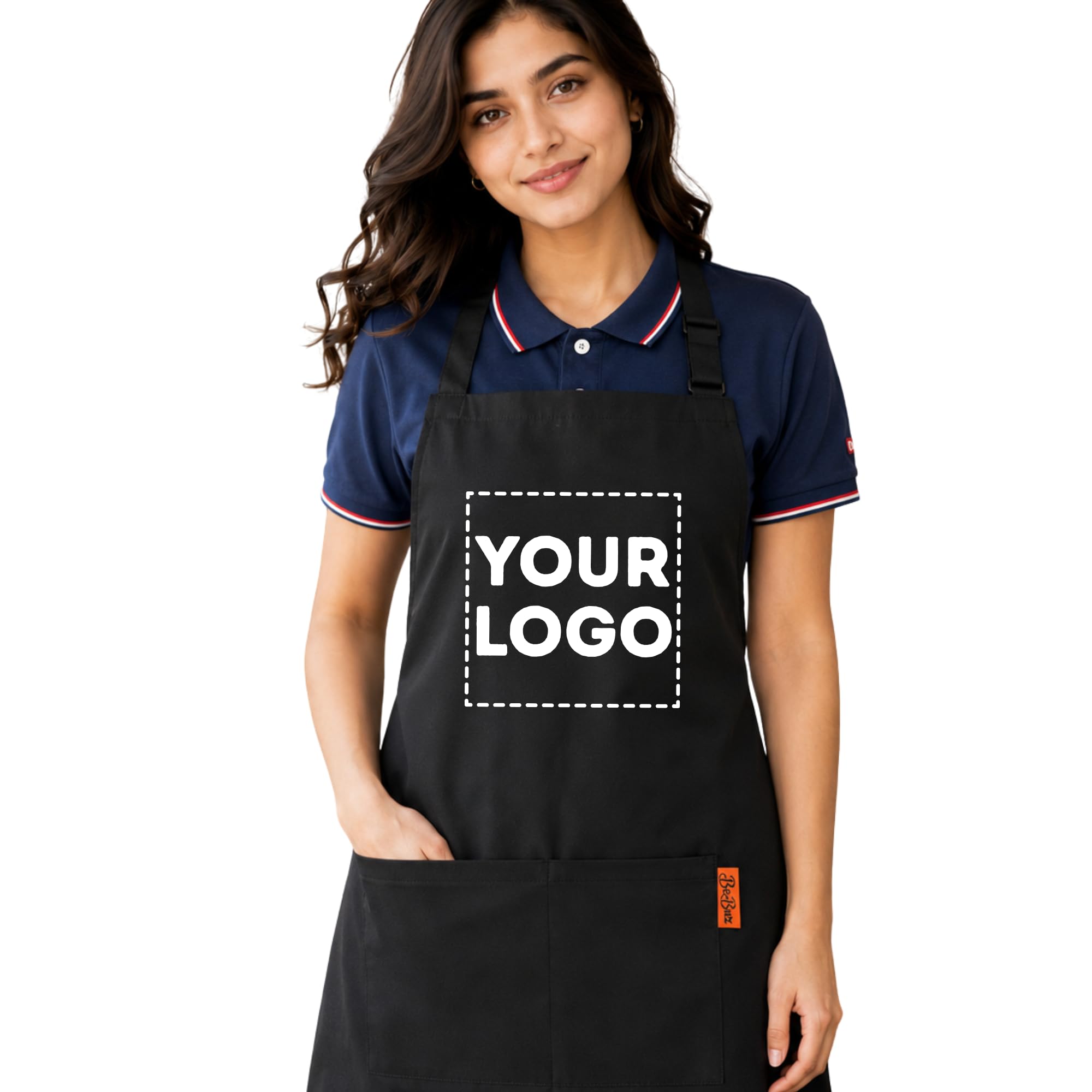 Be Buz Personalised Apron with Custom Print Logo | Black Adjustable Buckle Apron with 2 Pockets | Water Resistant Polyester Kitchen Apron for Chef, Restaurant, Cafe, BBQ, Gardening and Salon