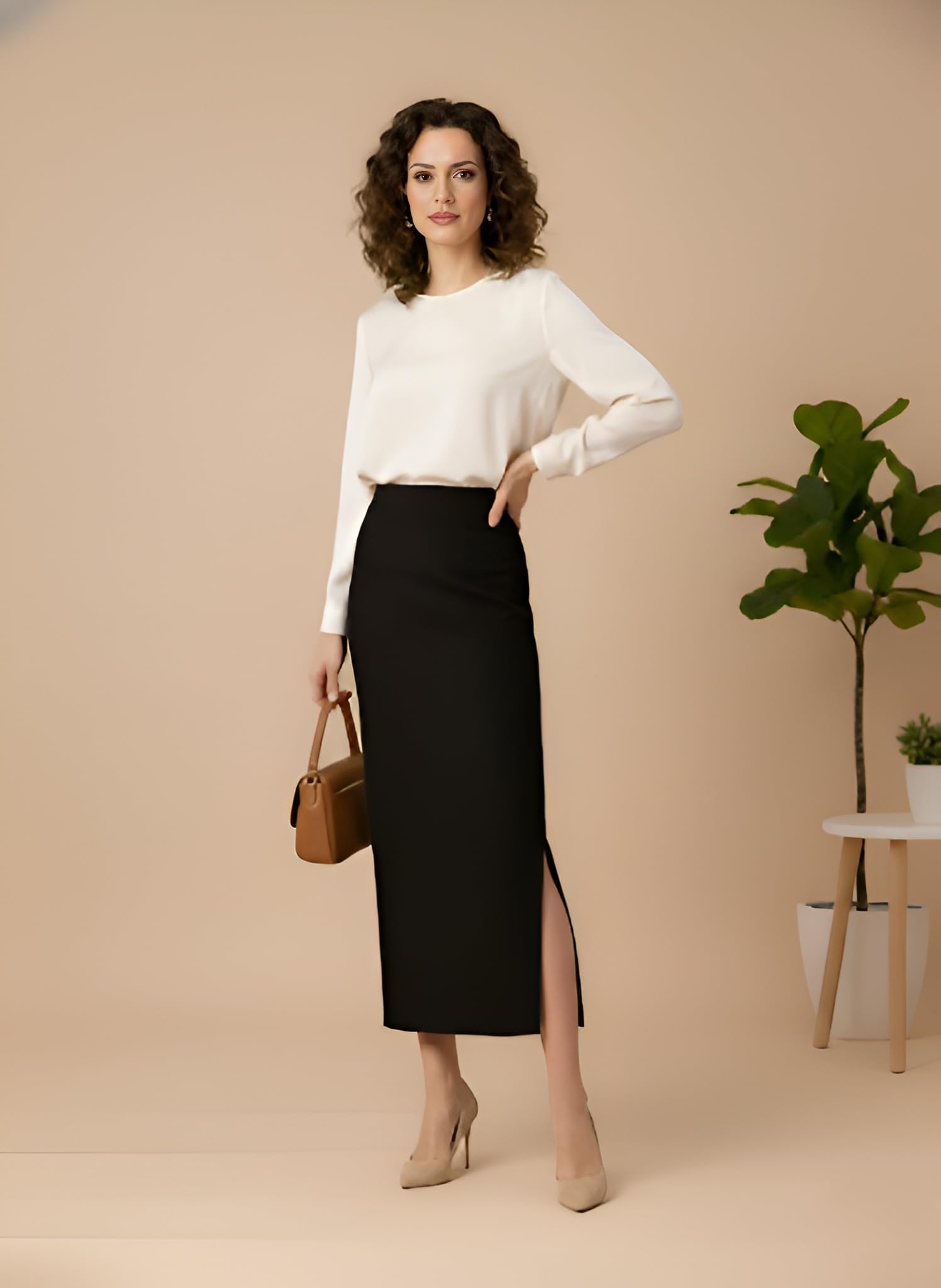 Women’s High Waist Bodycon Midi Skirt with Side Slit | Stretchy Pencil Skirt for Office, Casual Below Knee Length Elegant Slim Fit Skirt for Women-image-46