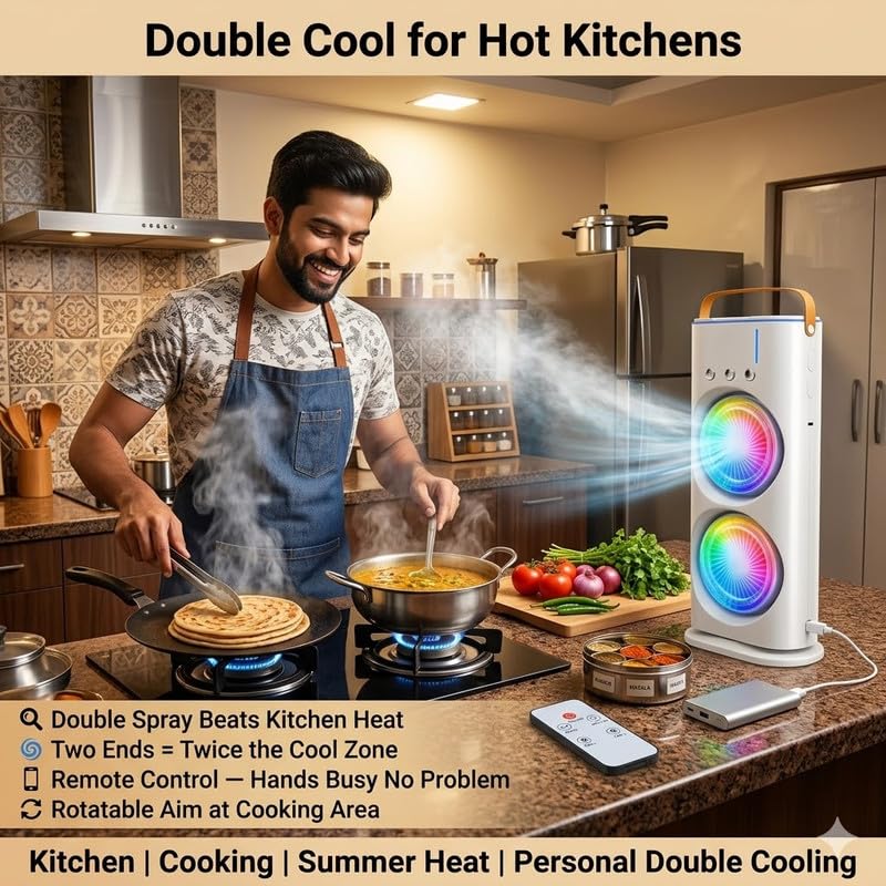 Image of Drumston (10 Years Assured Warranty) Double Ended USB Spray Cooling Fan Portable Air Cooler with Remote Control Mist Humidifier for Bedroom Office Kitchen Home Travel Use