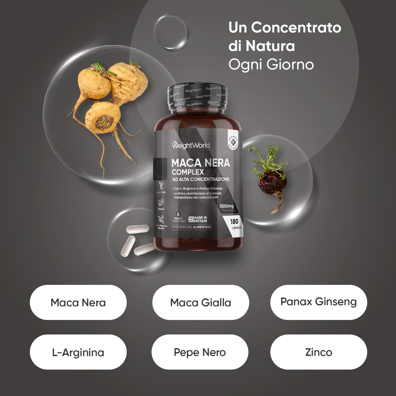 Maca Peruviana, 180 Capsule Vegane, 1 al Giorno (6 Mesi), Estratto 100:1, Maca Nera Complex con L Arginina, Zinco come Zinco Citrato, Panax Ginseng, Pepe Nero, Senza Magnesio Stearato, Senza Glutine