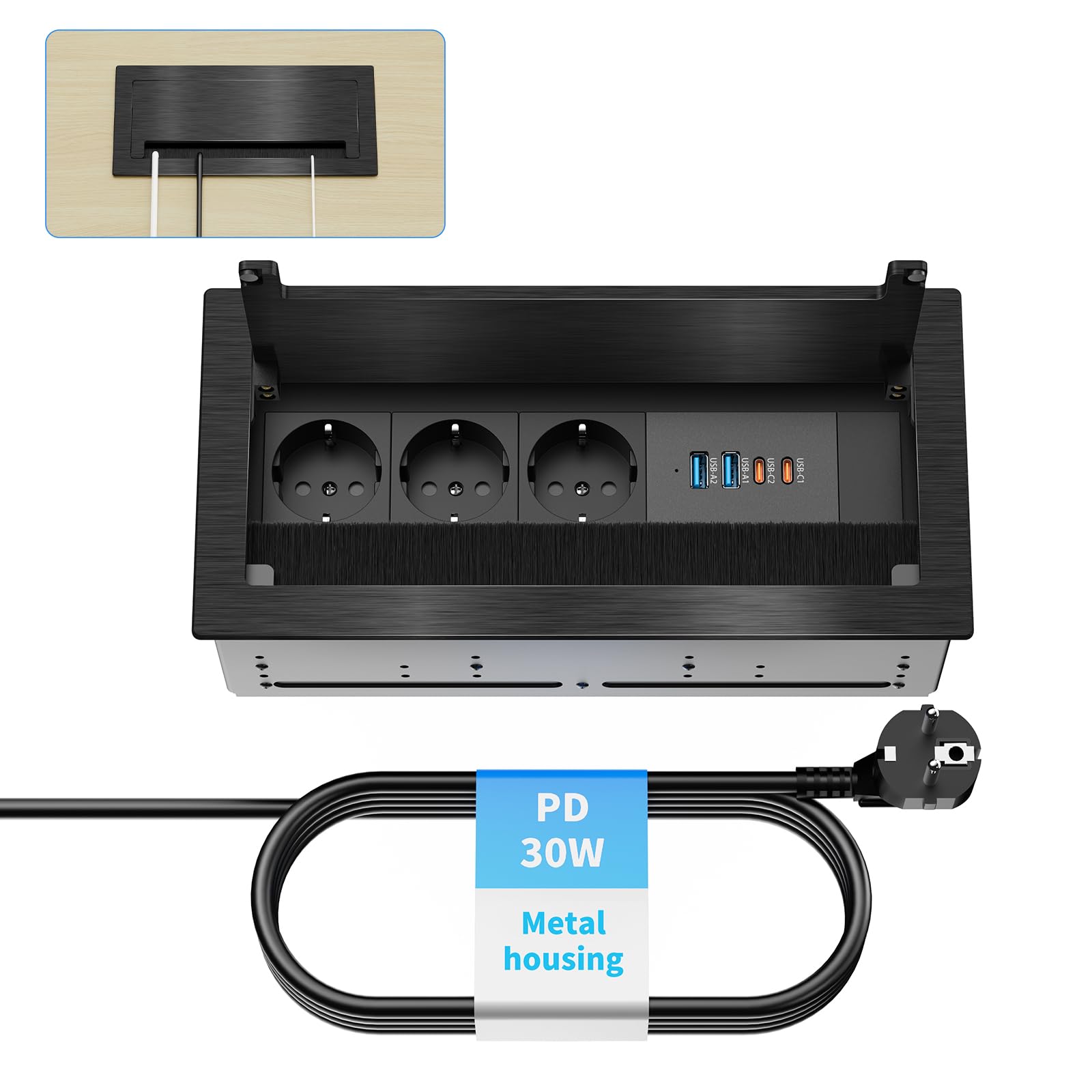 Versenkbare Steckdose mit 2X USB-C PD 30W, 3-Fach, Aluminium | 2x USB-A QC 18W, Klappdeckel für saubere Optik, Bürstenleiste für Kabelmanagement, 1,8 m Kabel, Schreibtisch & Küche