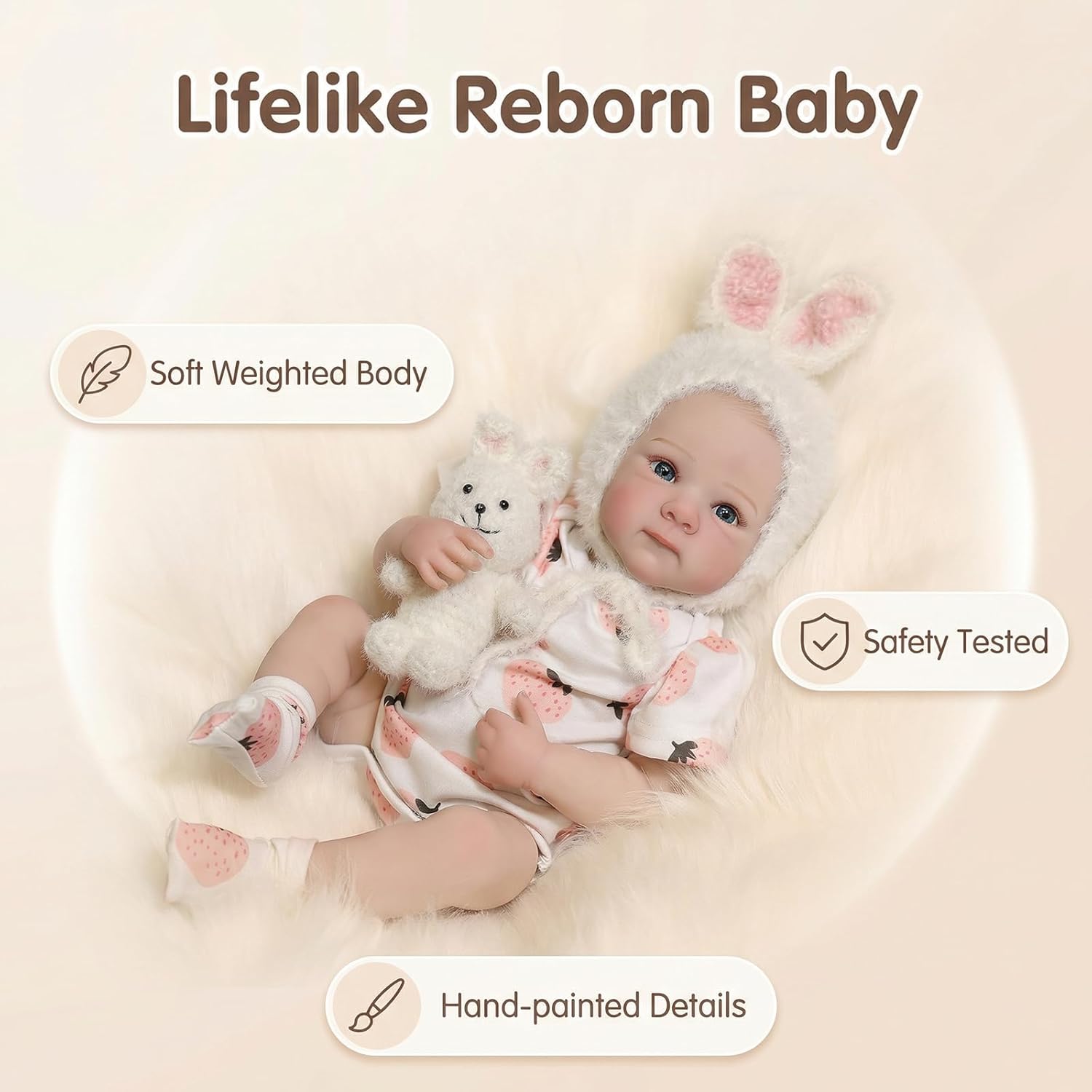 18 Inch Realistic Reborn Baby Doll, Full Vinyl Weighted Body, Soft Bunny Onesie & Plush Rabbit Toy Accessory, Lifelike Newborn Doll for Girls Ages 3+