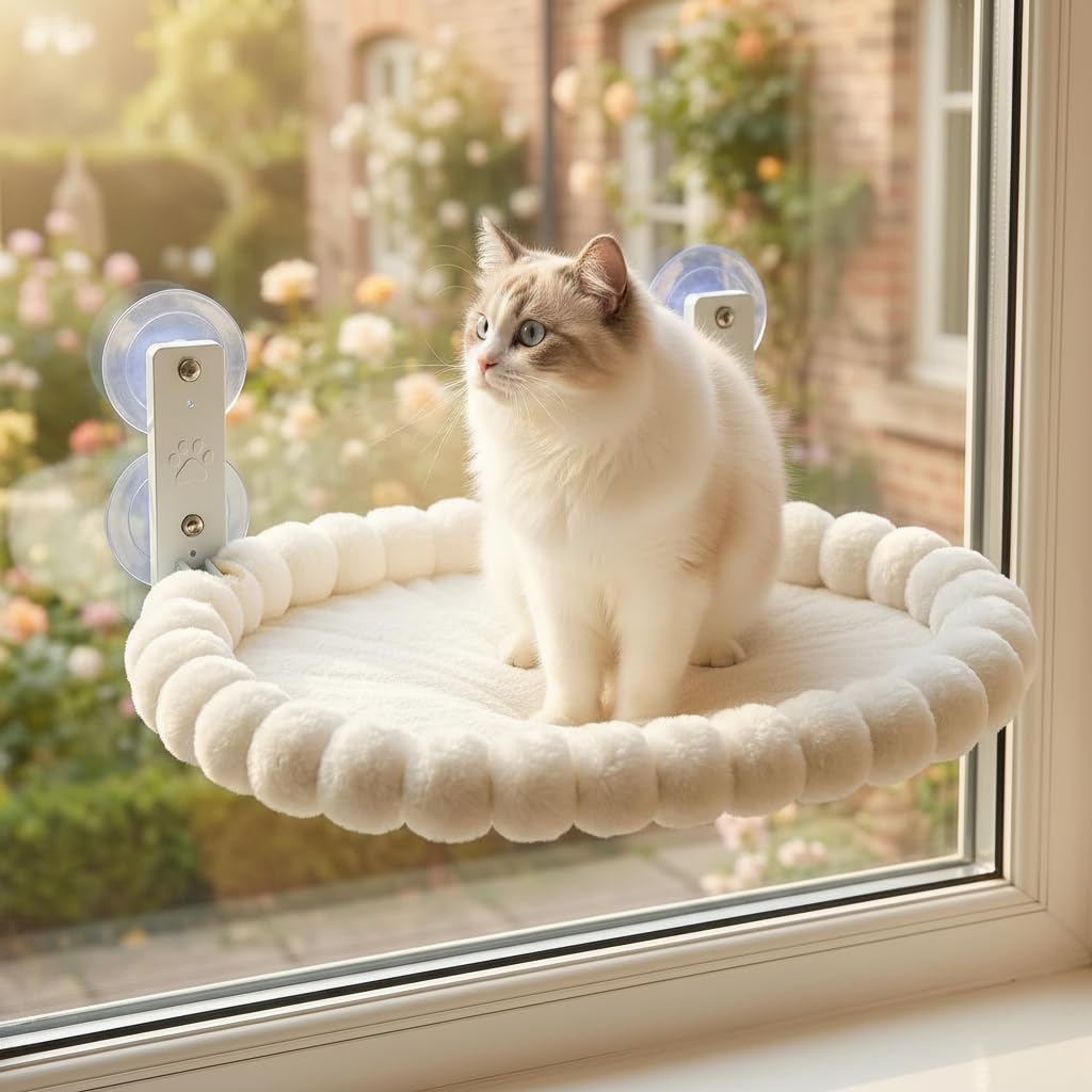 Katzenhängematte Fenster, Faltbares Katzenbett für Fenster mit 4 Starken Saugnäpfen, bis 20kg, Plüsch Fensterplatz für Katzen, Maschinenwaschbar, 50x36cm