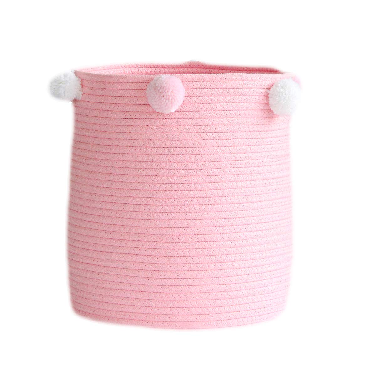 Laundry Basket 12.5"×14.2"-Cotton Rope Woven Basket for Toys Diaper Nursery Magazines with Fluffy Ball(Pink)