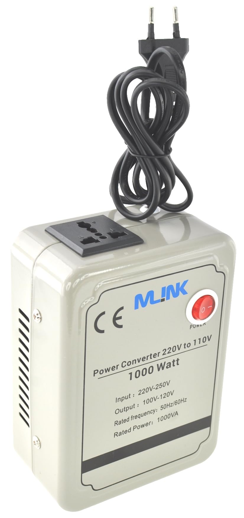 Mlink Transformador de Voltaje 220V a 110V 1000W Toroidal Onda Senoidal Enchufe Universal Carcasa Metalica