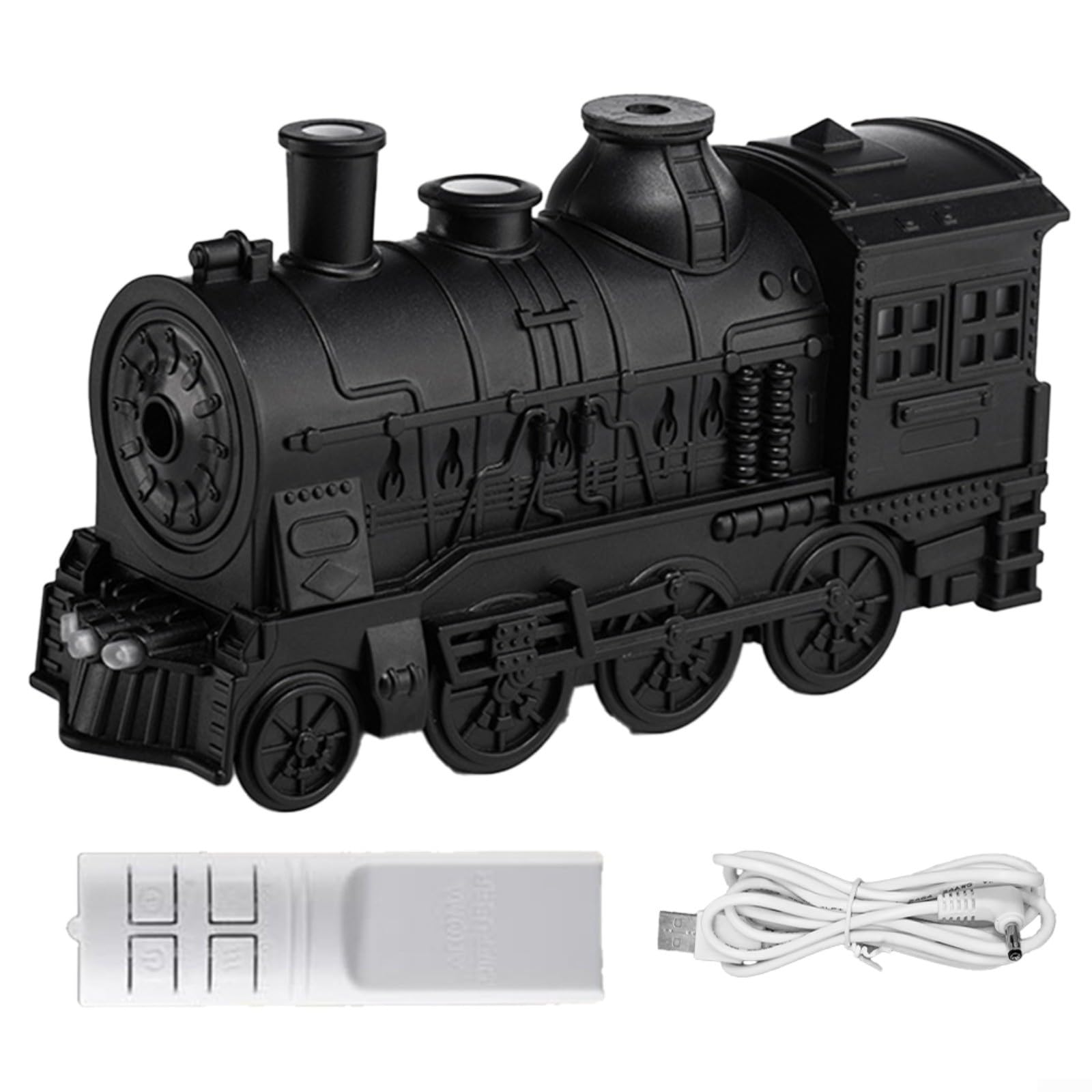 Diffuseur d'huiles essentielles train rétro 300ml, humidificateur d'aromathérapie avec télécommande, lumières bleues froides et flamme chaude, ultra-silencieux, arrêt automatique, grande capacité
