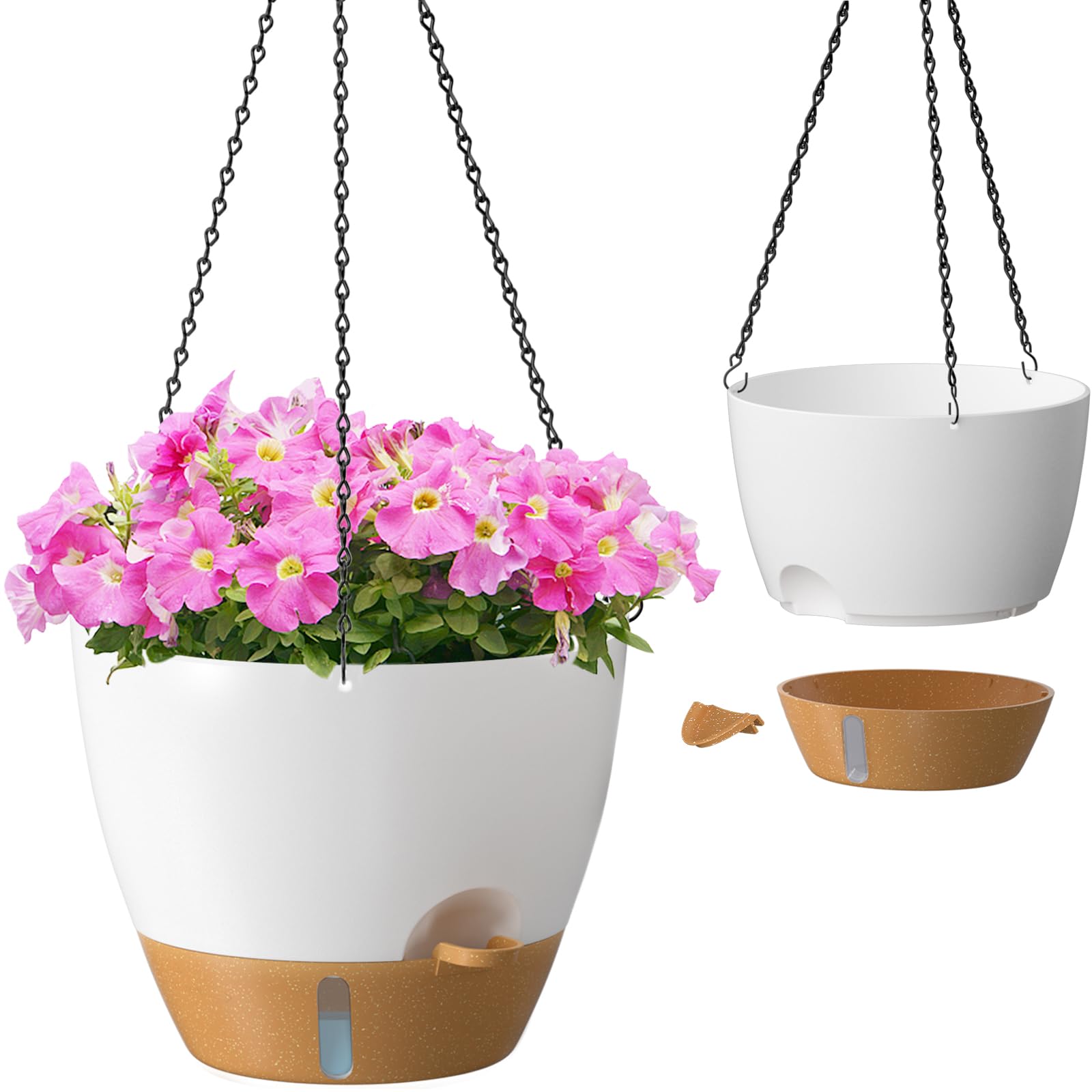 zmtech 12 inch hanging planters for indoor outdoor plants, 2 pack self watering hanging plant pots with drainage hole, visual reservoir, plastic flower hanging pots with watering lip (white)