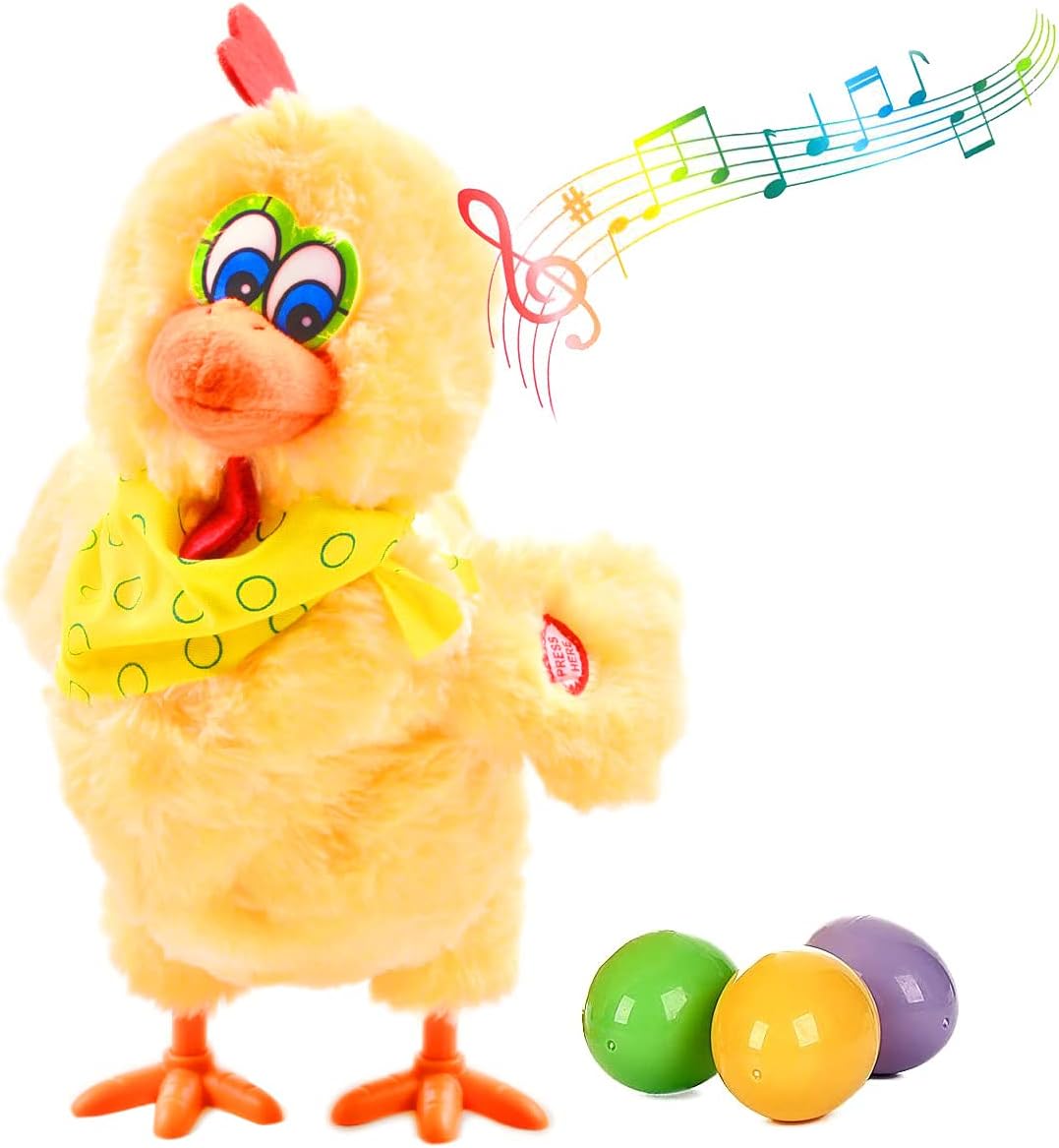 Plush Chicken Laying Eggs Toy Electric Stuffed Animal Crazy Chick Doll with Sound Music for Boys Girls (29.05cm)