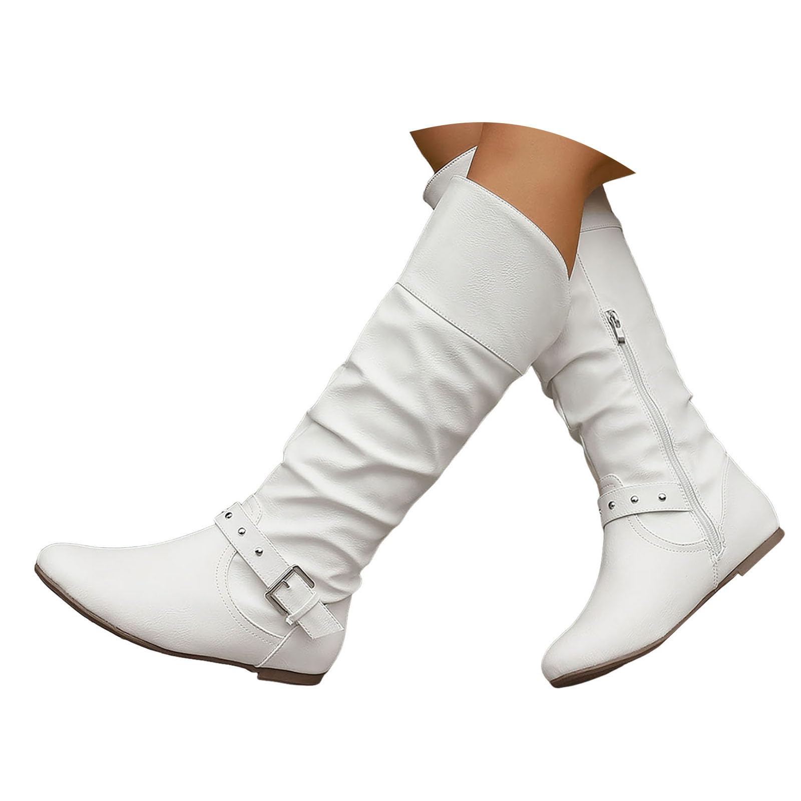Womens Buckle Slouch Flats No Heel Round Toe Vintage Mid-Calf Boot Fashion Ruched Leather Fold Over Comfortable Casual