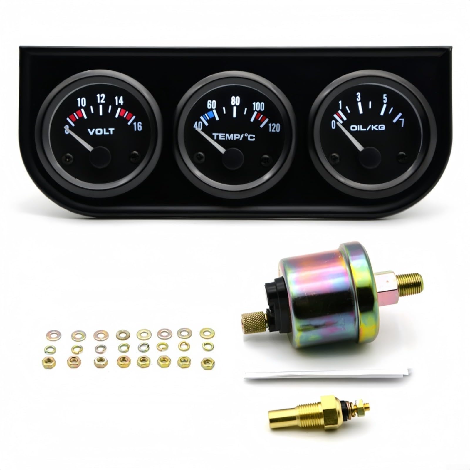 52 mm schwarzes Dreifach-Messgerät-Set, Spannungs-, Wassertemperatur- und Öldruckmessgerät mit LED-Anzeige, für Auto, Motorrad, LKW, Traktor, Schiffsmotoren