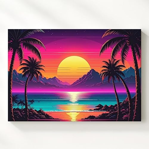 Gifitto - Neon Sunset Synthwave Ocean Canvas, Fantasy Wall Art, Mythical Creatures Home Decorations, Enchanted Realm Artwork Print, Magic Painting,