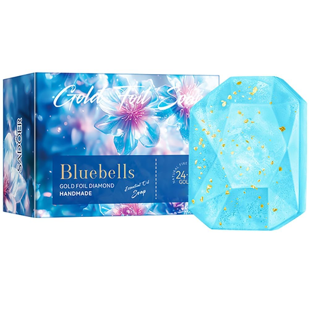 Bluebells Gold Foil Diamond Soap Handmade Shampoo Cleansing Bar for Face Body Rich Foam Deep Gentle Cleaning Exfoliating