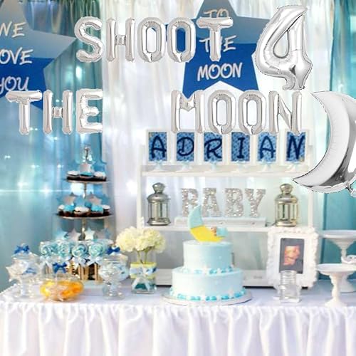 Miniatura 2 de Shoot 4 the Moon Balloons - Cartel plateado para fiesta de 4º cumpleaños del espacio exterior con texto en inglés «Love You to the Moon and