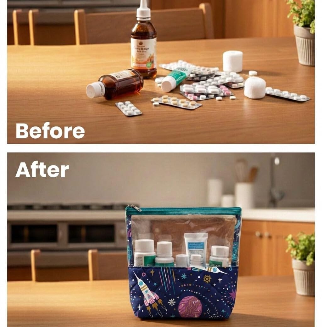 Playful Plunge Medicine Kit | Multipurpose All-in-One Compact, Durable, Lightweight, Waterproof, Bag | Travel Friendly Pouch | Ideal for Stationary, Diaper, Medicines (Outer Space Print) 2