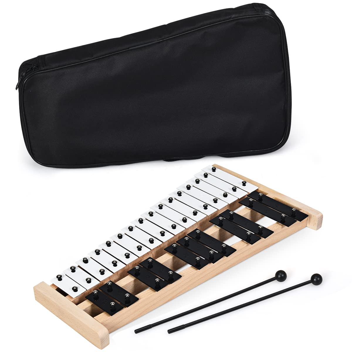 GYMAX Xilofono a Dimensioni Reali con 27 Barre di Alluminio, Strumento a Percussione con Base in Legno, 2 Bacchette in Gomma, 1 Borsa, per Bambini e Adulti