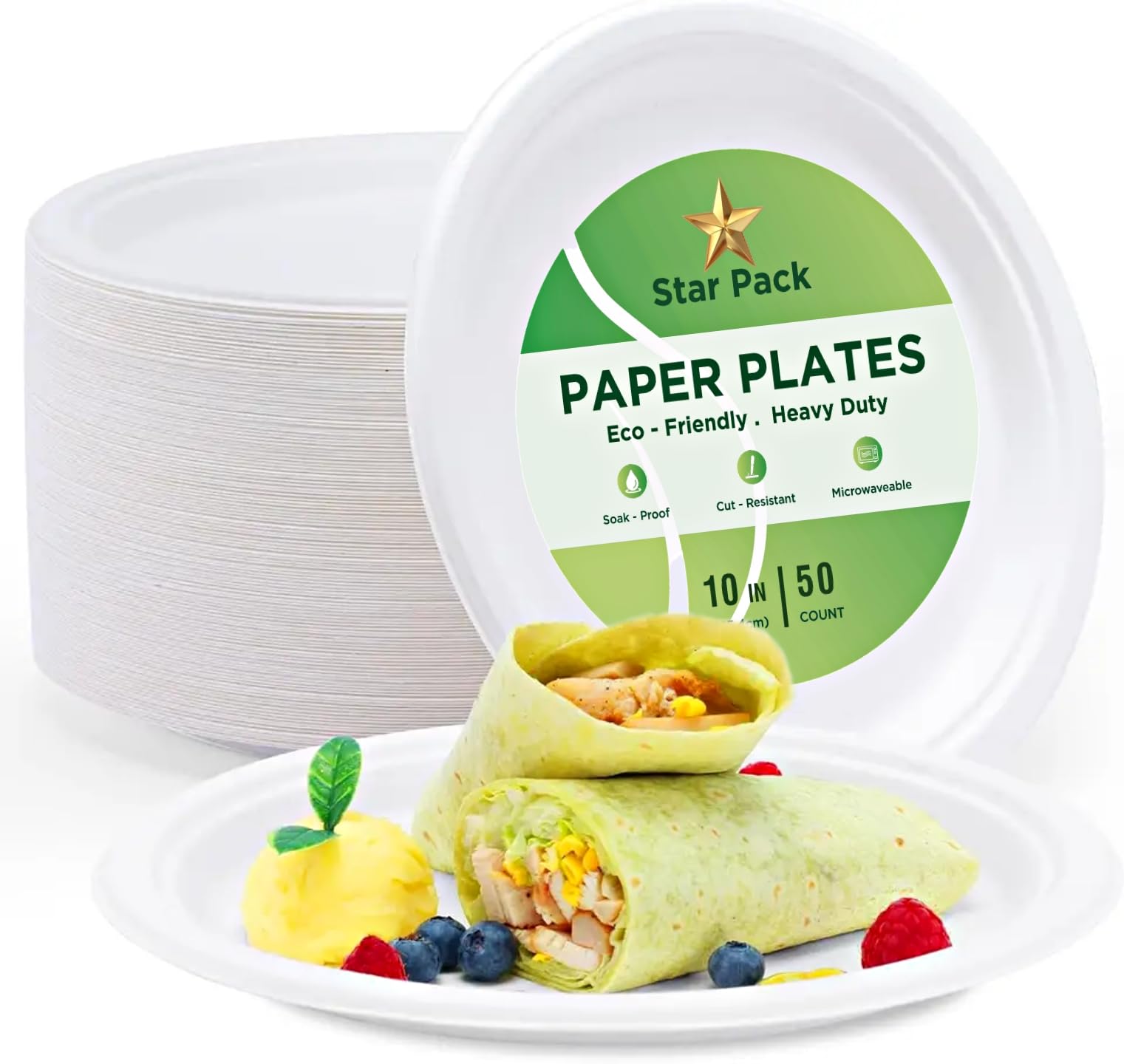 Star pack [10inch 50Pack] Compostable Disposable Paper Plates made of 100% Bagasse Natural Biodegradable Eco-Friendly Sugarcane, Super Strong