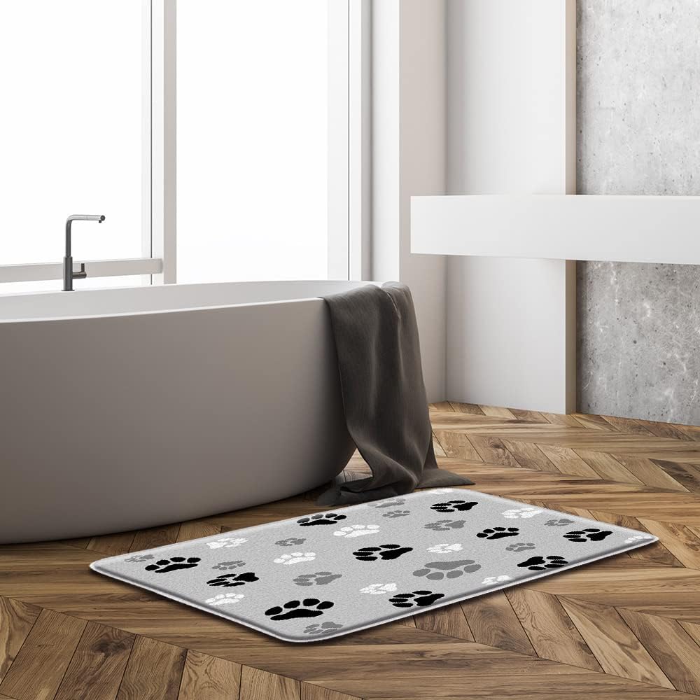 Dog Paw Print Bath Mat Black Grey White Cat Dog Kitten Kitty Footprint Pet Lover Cute Animal Cartoon Modern Creative Microfiber Memory Foam Absorbent Bathroom Decor Mat,Grey Black White