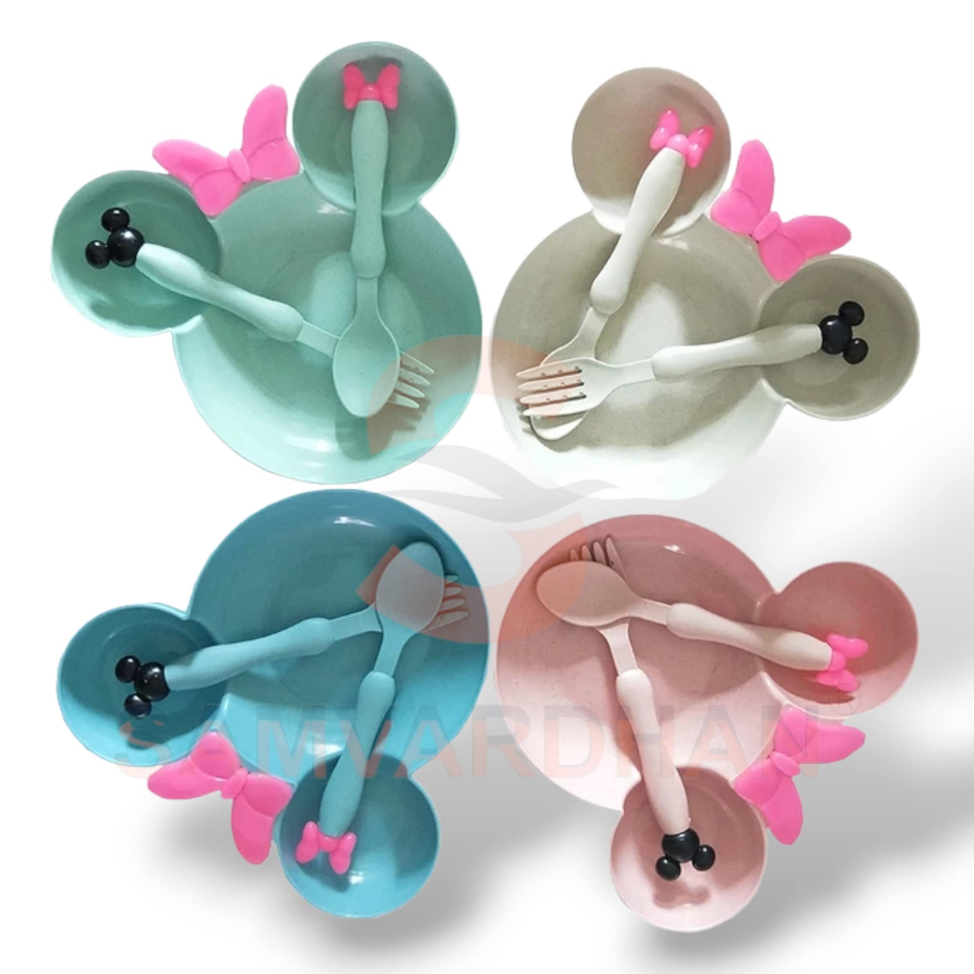 SAMVARDHAN Mickey Shape Wheat Straw Plate Solid Bowl Baby Training Cute Bear Baby Tableware Set for Kids - 3/Pc Set of 1 Bowl, 1 Spoon and 1 Fork (Color May Vary)