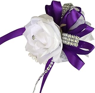 Angel Isabella Wrist Corsage-White Roses with Purple Ribbon and Bling