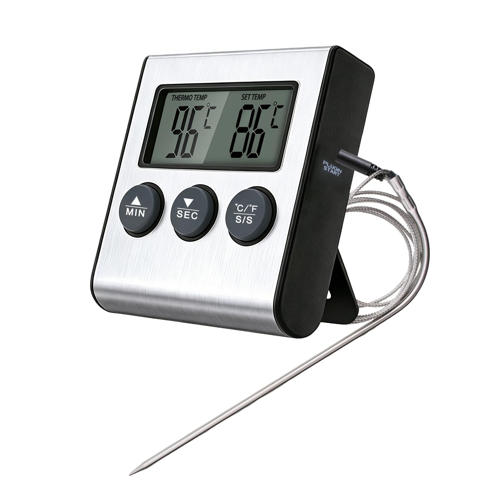 Thermomètre de Cuisson Numérique avec Grand Écran LCD, Sonde en Acier Inoxydable, Minuterie pour Four, Gril et Barbecue