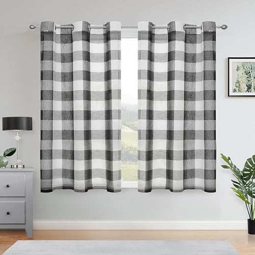 Cortinas cortas de cuadros de búfalo en blanco y negro, de 63 pulgadas de largo, con paneles para ventana, estilo granja, para sala de estar, con
