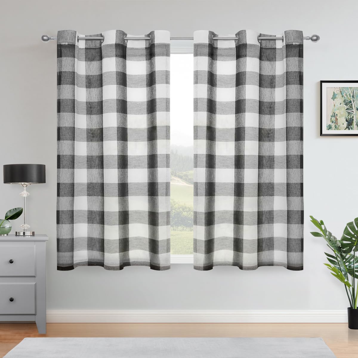 Bapawfish Short Black and White Buffalo Plaid Checkered Sheer 63 Inch Long Window Curtain Panels,Farmhouse Living Room Drapes Grommet Top Treatment for Bedroom & Living Room（2 Panels, 40"x63", Black）