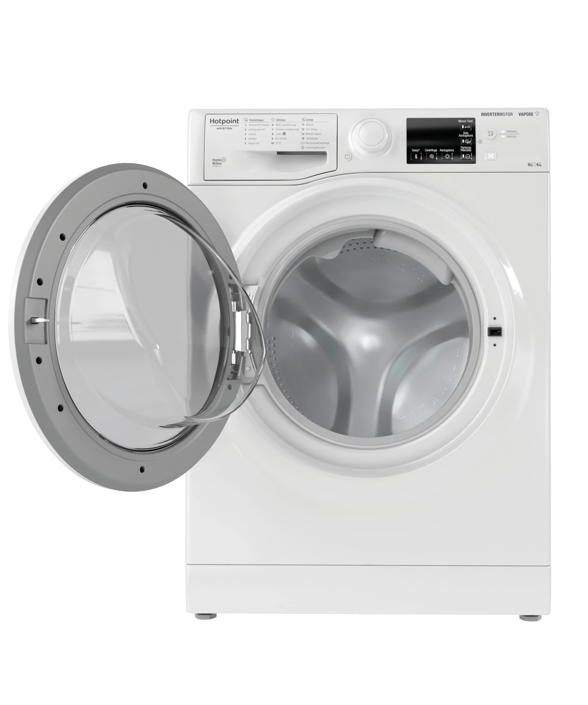 Hotpoint NDB 96443 W IT N Lave-linge 9 kg Charge avant, Libre installation. Centrifugeuse 1400 tours par minute Largeur 59,5 cm, Profondeur 54 cm, Hauteur 85 cm, Classe énergétique E