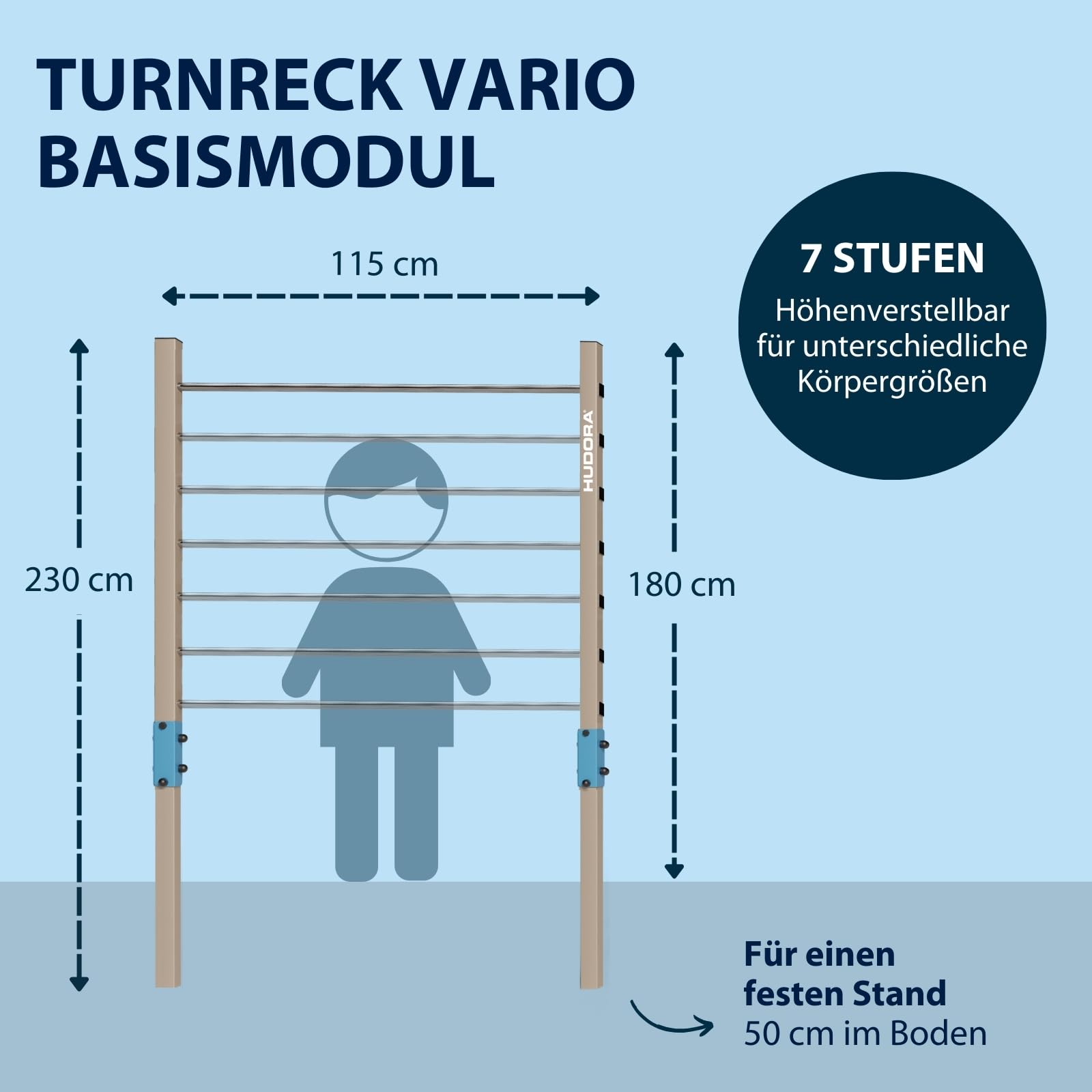 HUDORA Vario Turnreck - 7-fach höhenverstellbare Turnstange für Kinder & Erwachsene - erweiterbares Turnreck mit Reckstange aus Edelstahl - belastbare Outdoor Fitnessstange für bis zu 120kg