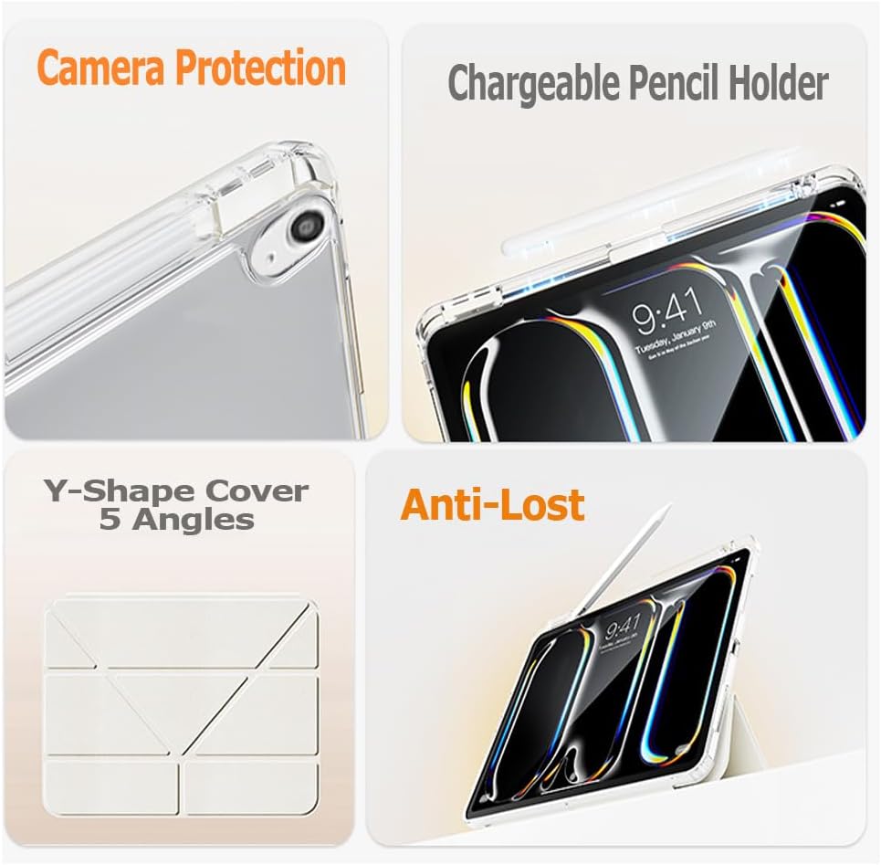 Slim Case for iPad Air 11 Inch M4/M3/M2 (2026 8th/2025 7th/2024 6th), 10.9 Inch 5th Gen 2022/4th Generation 2020 with Pencil Holder, Multi-Angle Y Fold Stand, Clear Cute Cover, Auto Wake-Sleep (Cream)