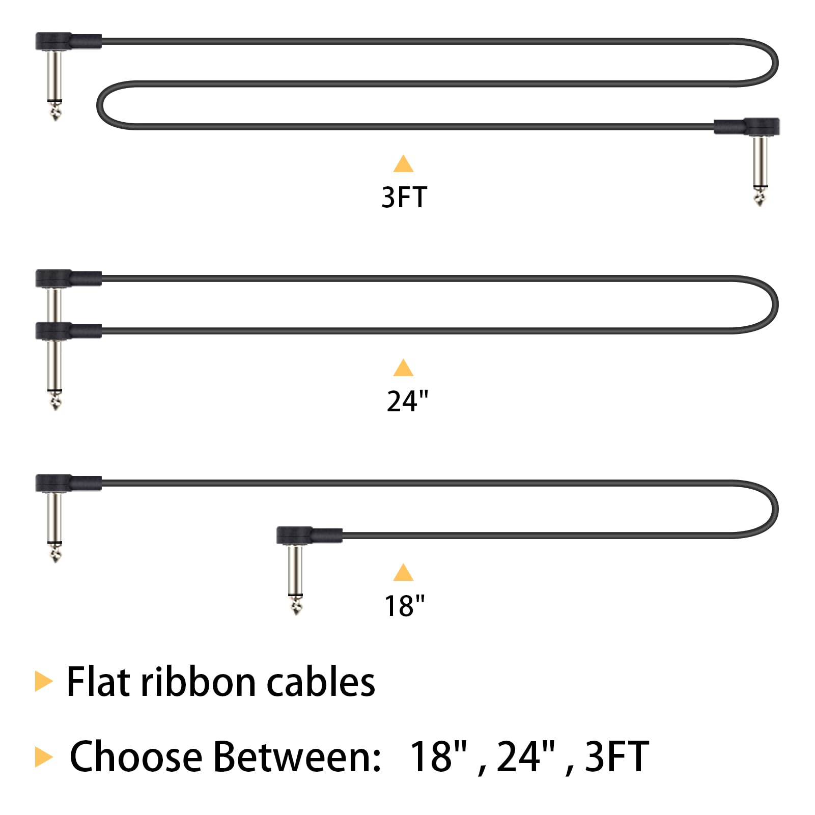 Cables de conexión planos de guitarra de 18 pulgadas, cable largo de pedal | Cables de conexión TS de perfil bajo de 0.25 pulgadas en ángulo recto para pedales de efectos de guitarra, color negro