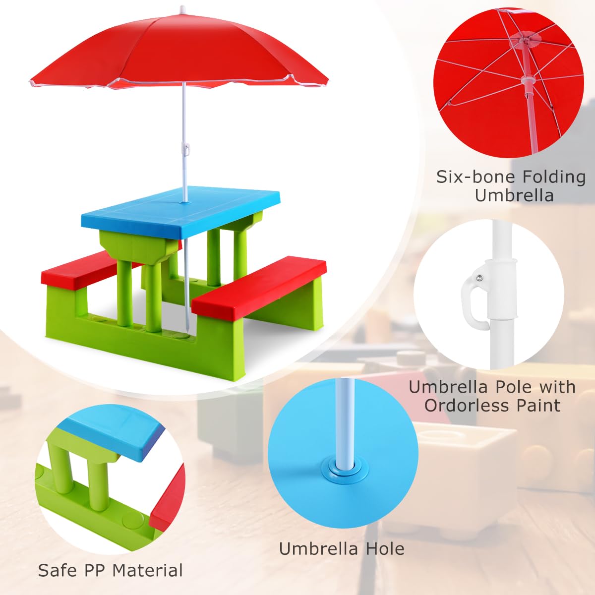 KOMFOTTEU Salon pour Enfants avec Parasol, mobilier pour Enfants avec 1 Table & 2 bancs, Salon pour Enfants en PP, Set de Pique-Nique pour Parc Jardin Camping, Bleu+Rouge+Vert