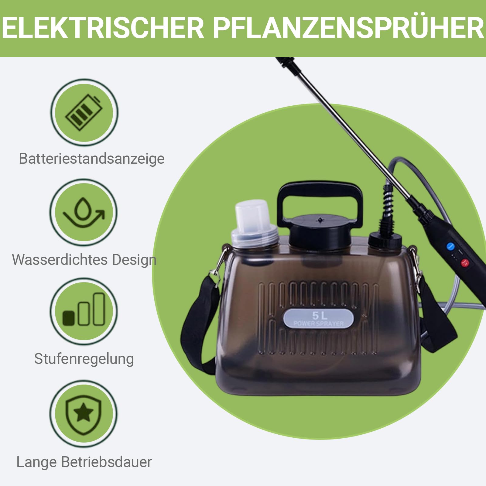 Spruzzatore Elettrico 5L, Nebulizzatore Giardino con 3 Ugelli Regolabili, Impugnatura ricaricabile USB, 60 cm Asta Telescopica e tracolla regolabile, Spruzzatore per Erbacce da Giardino e Piante