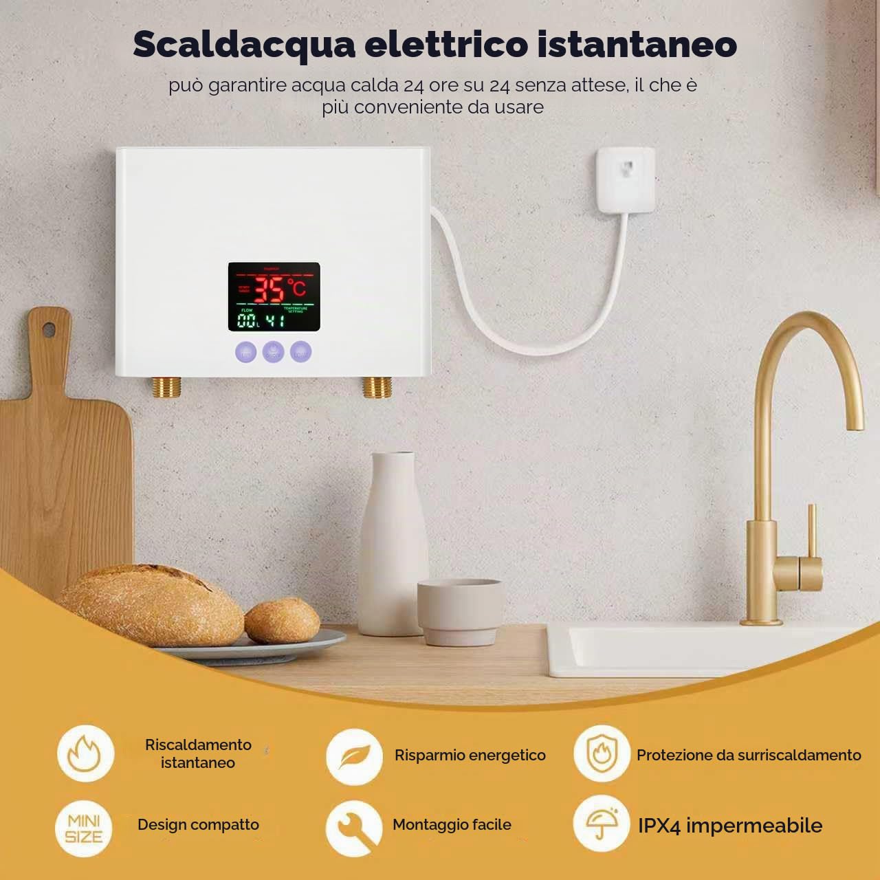 Mini Scaldabagno Elettrico Istantaneo Basso Consumo Scaldabagno Istantaneo con Display Temperatura a LED e Telecomando Scalda Acqua Elettrico Scaldacqua Istantanea Scaldabagni Elettrici Istantanea 3KW