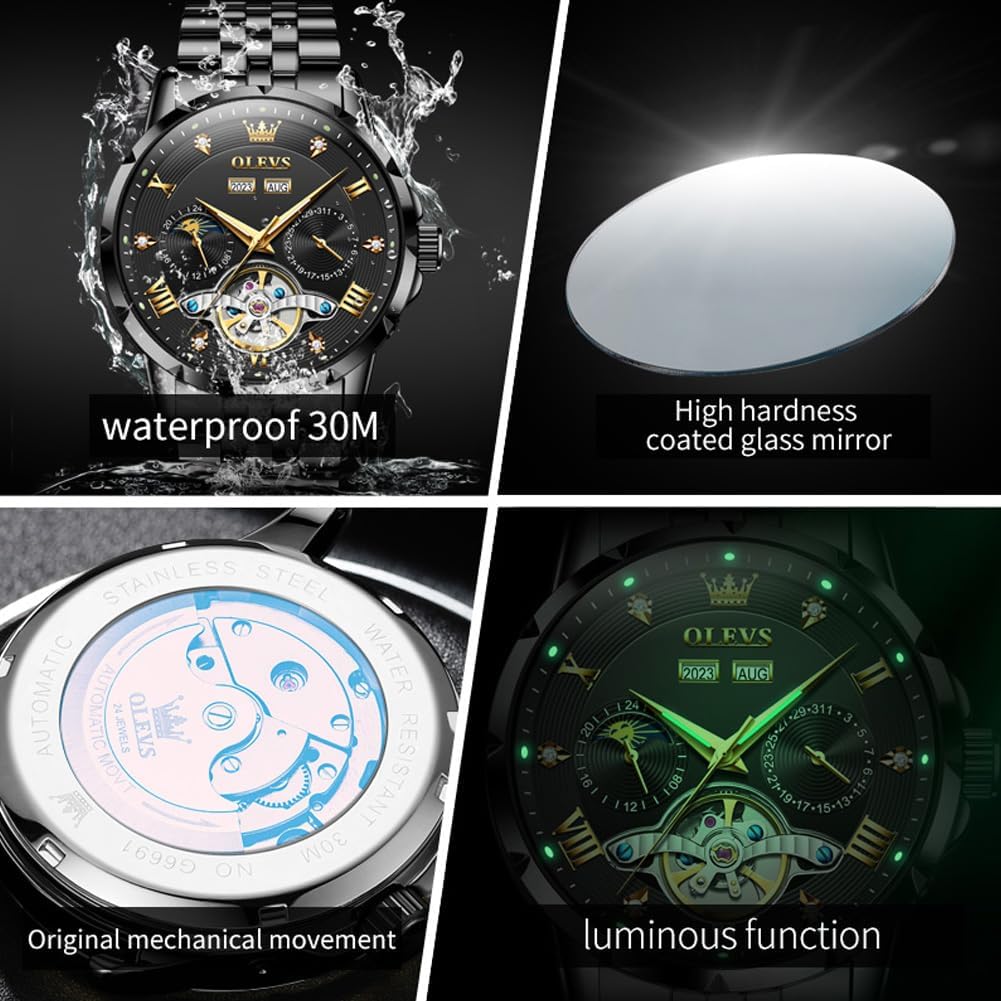 OLEVS Automatic Watches for Men Self Winding Mechanical Skeleton Luxury Dress Stainless Steel Diamond Men Wrist Watches - Image 5