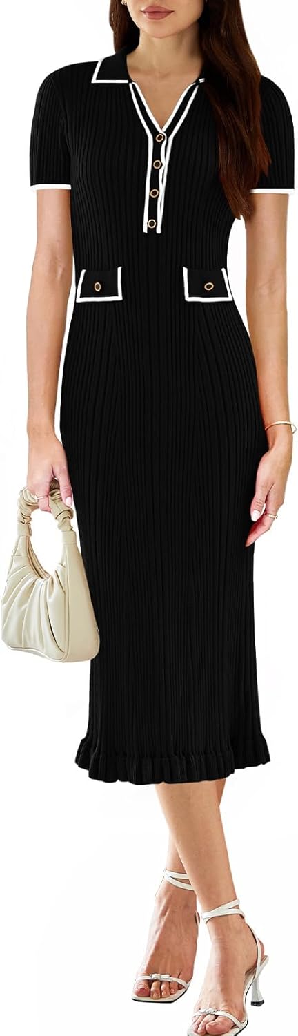 Pink Queen Women's Elegant Bodycon Dress 2026 Short Sleeve V Neck Half Button Cocktail Party Ribbed Knit Long Sweater Dress - Image 2