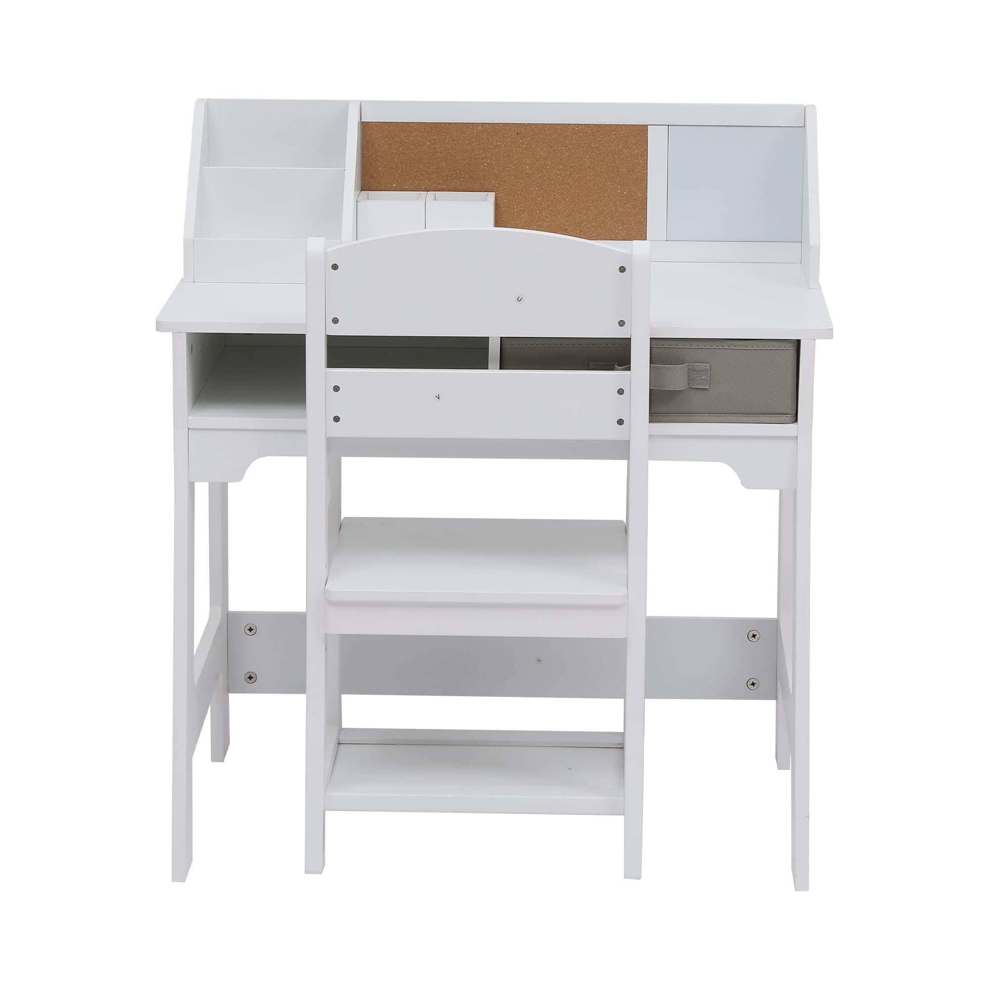 dainslef Kids Desk and Chair Set, Study Desk and Adjustable Chair Set with Hutch, Cork Board, Drawers, Pen Holders, Children Study TableSet, White