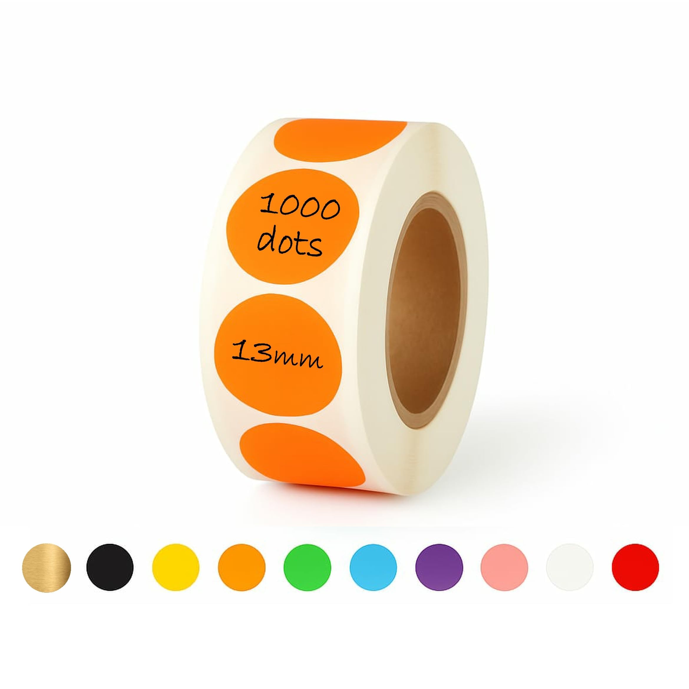 – 13mm Sticky Dots - 1000 Round Coloured Dot Stickers, 10 Assorted Colours, Writable Semi Gloss Labels, Easy Peel Roll, Circle Labels for Office, School Crafts Calendars & Organisation (Orange)