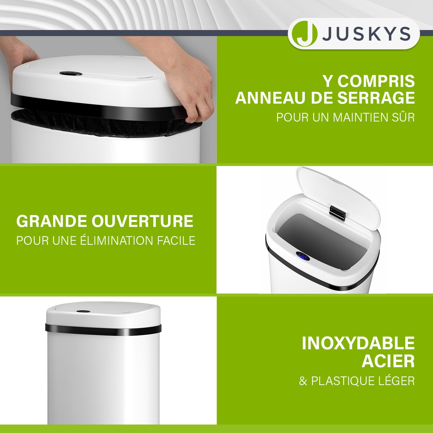 Juskys Poubelle automatique avec capteur de 60 L - poubelle électrique, détecteur de mouvement, couvercle automatique, étanche, rectangulaire, cuisine - blanc
