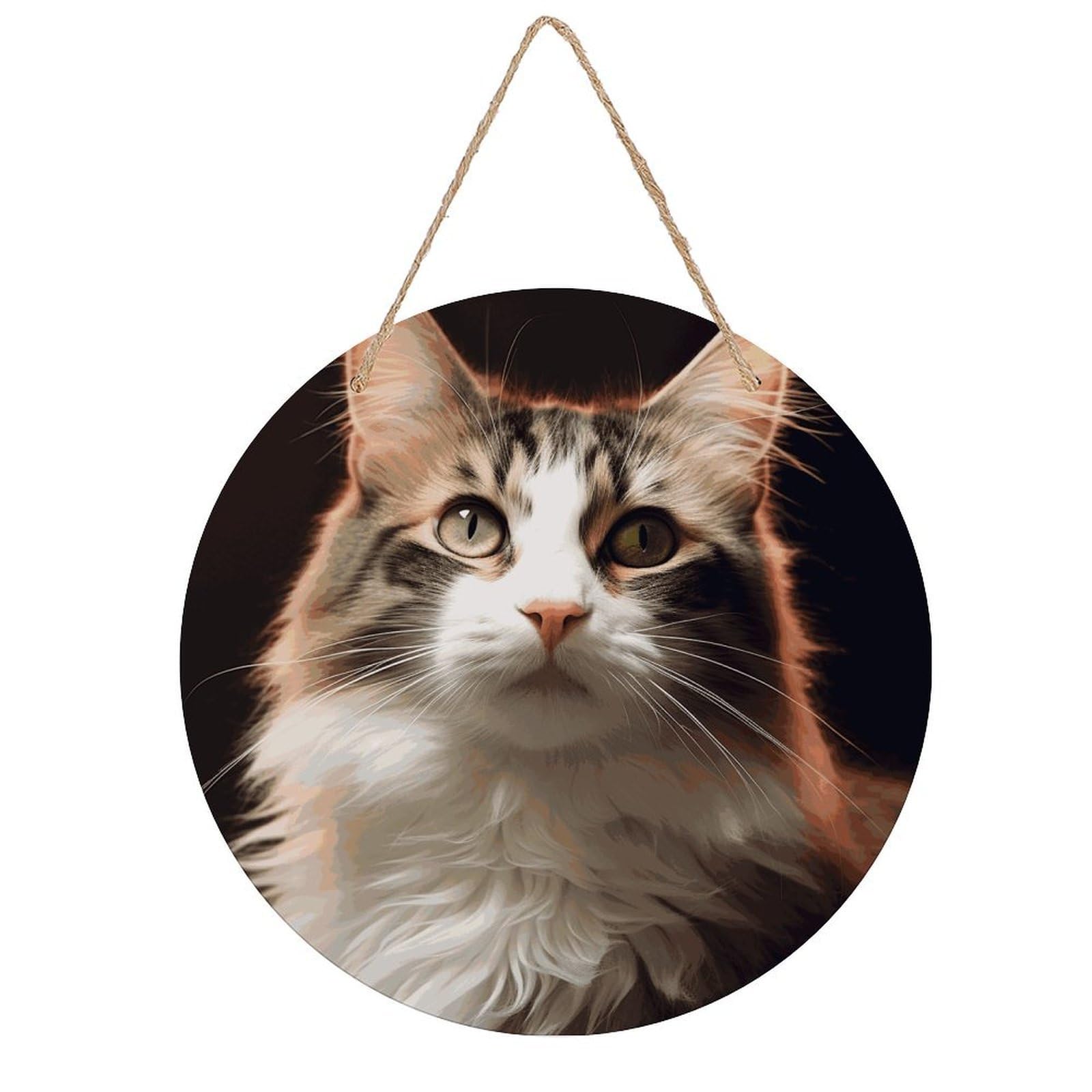 FekiLoot Cat Wall Art Decor Round Wood Hanging Sign Decoration Wooden Circle Door Sign Round Hanging Decorative Wood Plaque Door Hanger for Home Outdoor Indoor Decoration