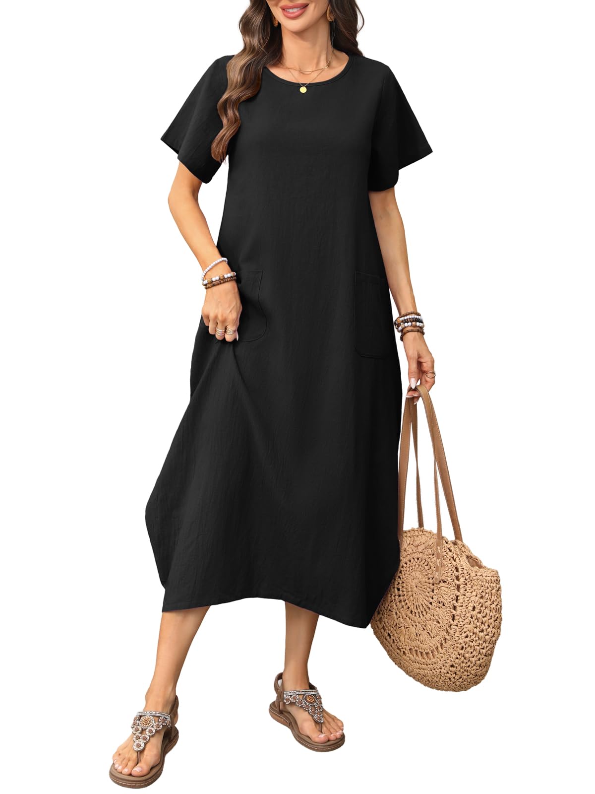 ZANZEA Donna Maxi Abito Maniche Corte Bottoni Camicia Abiti Estiva Casuale Vestiti Tinta Unita Spacco Lunga Sera Abiti