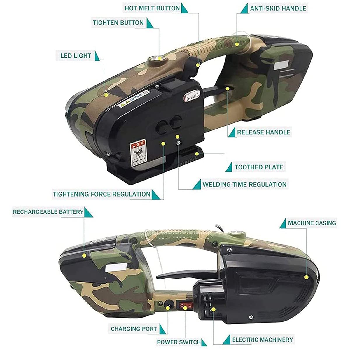 Reggiatrice Manuale,Reggiatrice Elettrica,per Reggetta PP/Pet 13-16Mm, Fino A 2800N, Batteria 3000mAh Pressa Portatile Elettrica,Camouflage