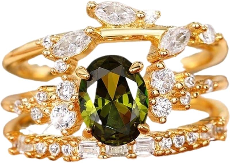 ENDLESSNESS & ETERNITY 3-in-1 Bridal Set Olive Green Oval Cubic Zirconia Engagement Anniversary Rings Wedding Band 14K Gold Plated Half Eternity Cocktail Ring for Women