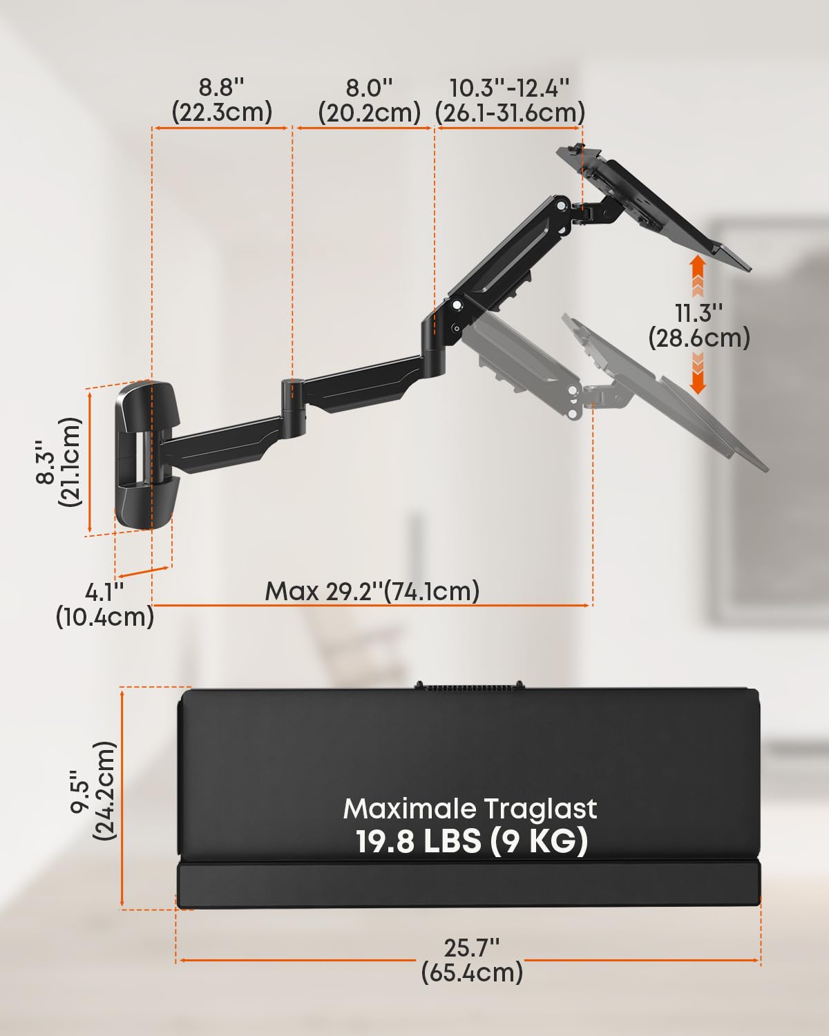 Extra Langes Wandhalterung Tastaturablage 65,4cm – Vollbewegliche Schreibplattform mit Gasfederarm, Schwenkbar & Höhenverstellbar, Tragfähigkeit bis 9 kg, Schwarz