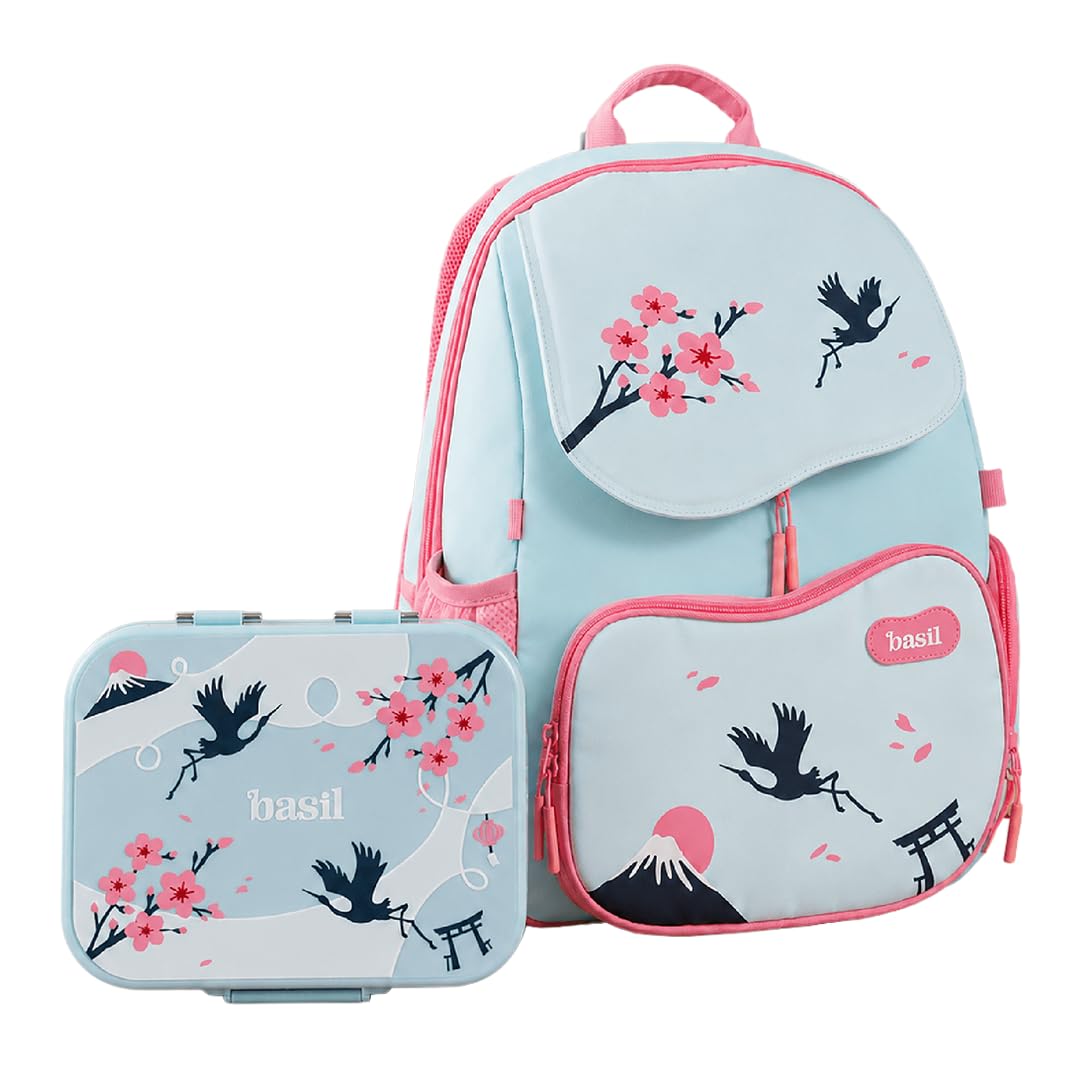 Basil Kids School Combo | Wander 20L Lightweight Backpack with Chest Strap + Quad Plus 1020ml Stainless Steel Lunch Box | Sakura Bloom-image-0