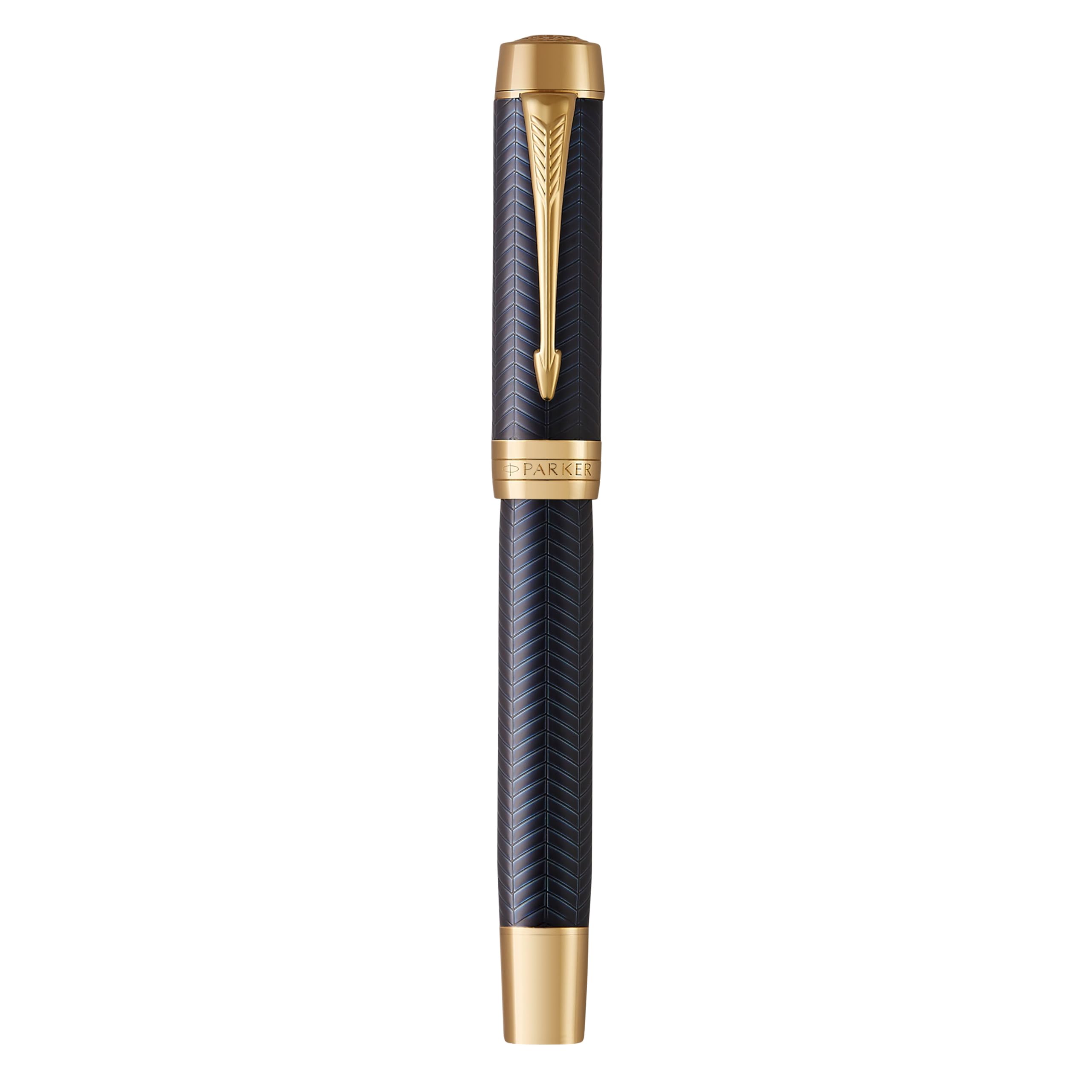 Parker Duofold Prestigepluma estilográfica galoneada de color azul Centennialplumín fino de oro macizotinta negra y convertidor