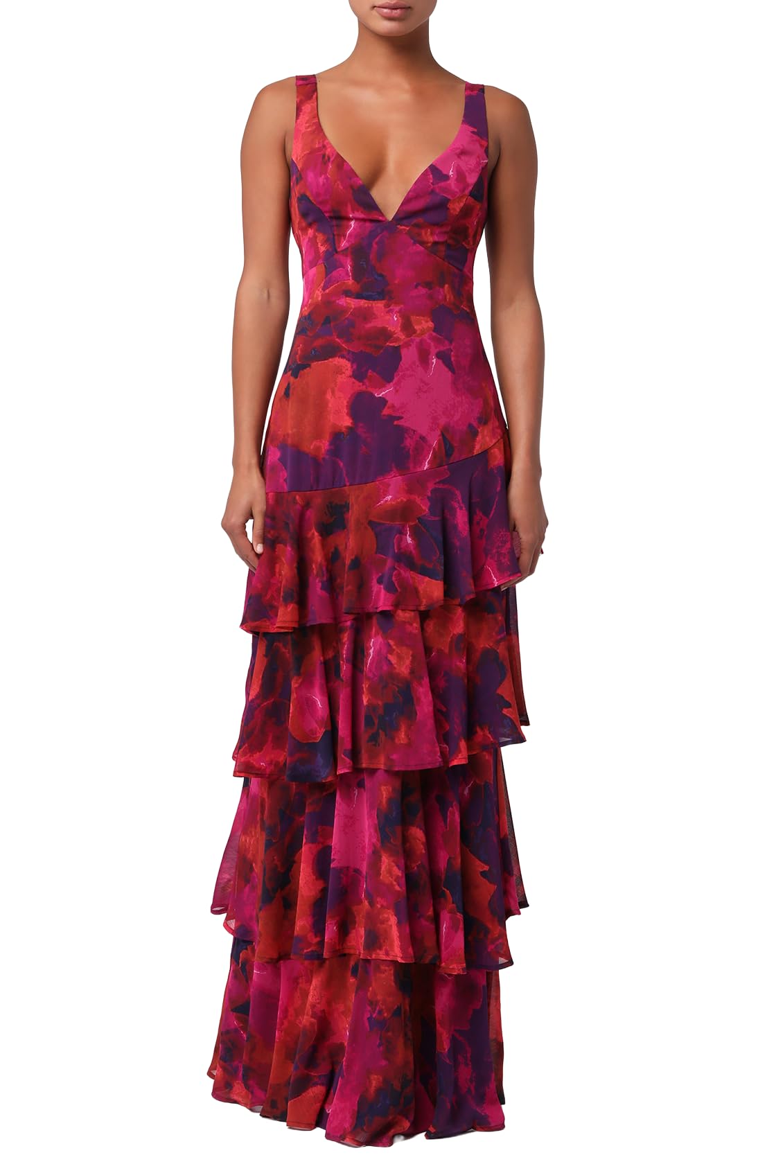 Lulus Imogen Tiered Chiffon Maxi Dress for Women Small Fuschia Multi