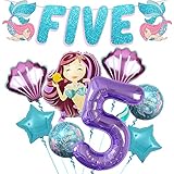 Mermaid 5th Birthday Decorations Girl - Number 5 Balloon, 40 Inch with Glitter Five Banner | Mermaid...