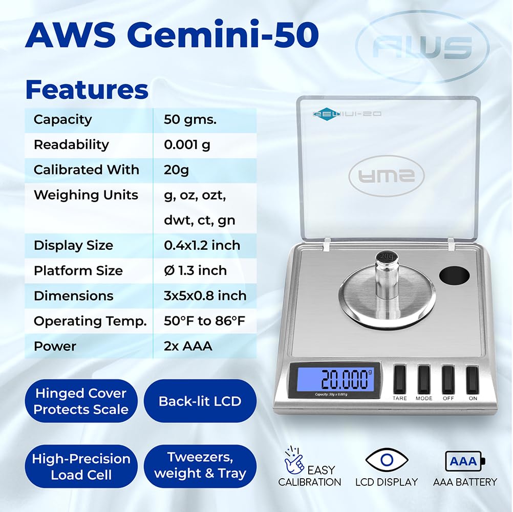 AMERICAN WEIGH SCALES GEMINI-50 Digitale Milligramm-Waage, tragbar, präzise, modern, Edelstahl, 50 g x 0,001 g (Silber)